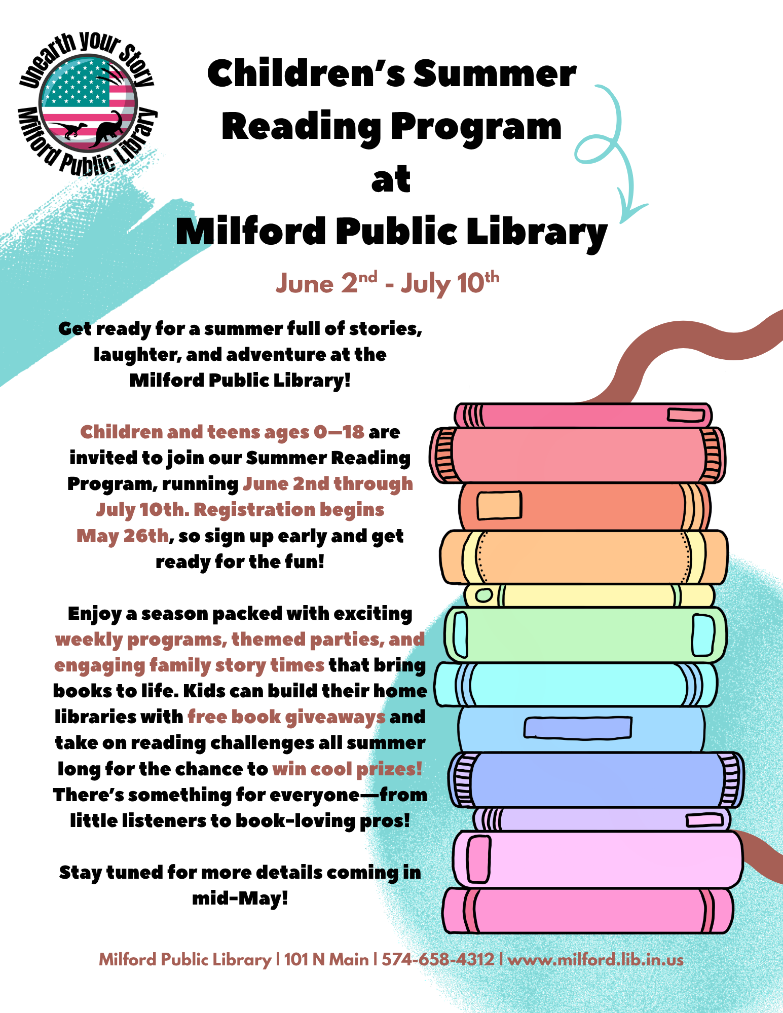 Join the Milford Public Library's Summer Reading Program for kids 0-18, June 2 - July 10. Fun activities and prizes await!