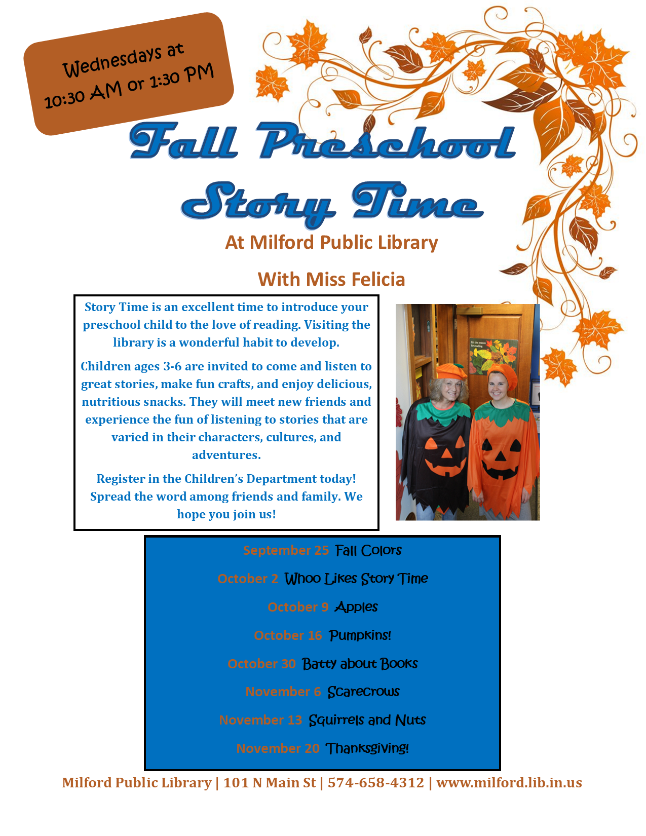 A flyer for "Fall Preschool Story Time" at Milford Public Library with dates and themes, featuring an image of two people in masks.