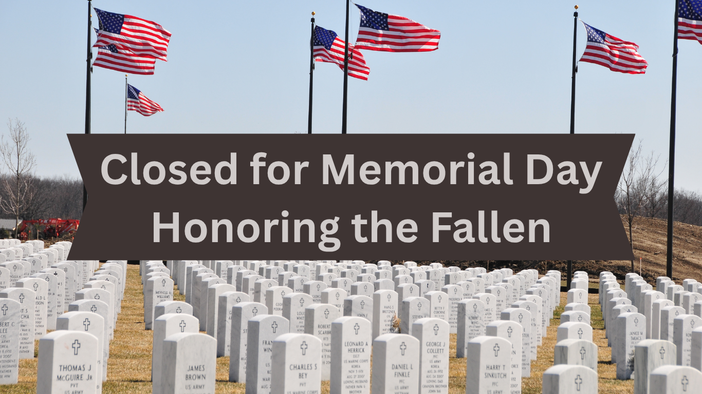 A cemetery with many headstones and American flags, announcing closure for Memorial Day to honor the fallen.