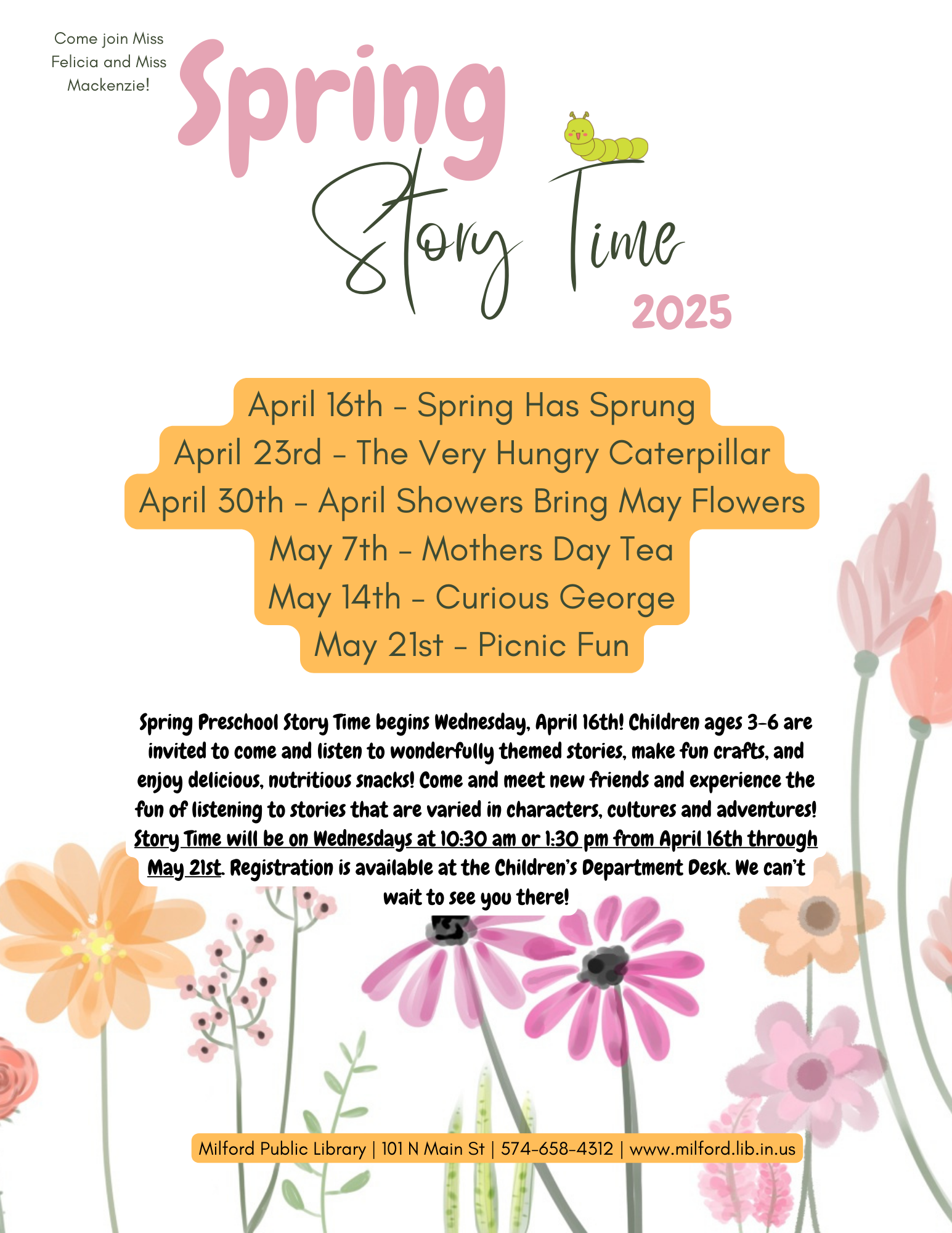 Spring Story Time 2025 at Milford Public Library. Dates: April 16-May 21. Events include stories, crafts, and snacks for ages 3-6.