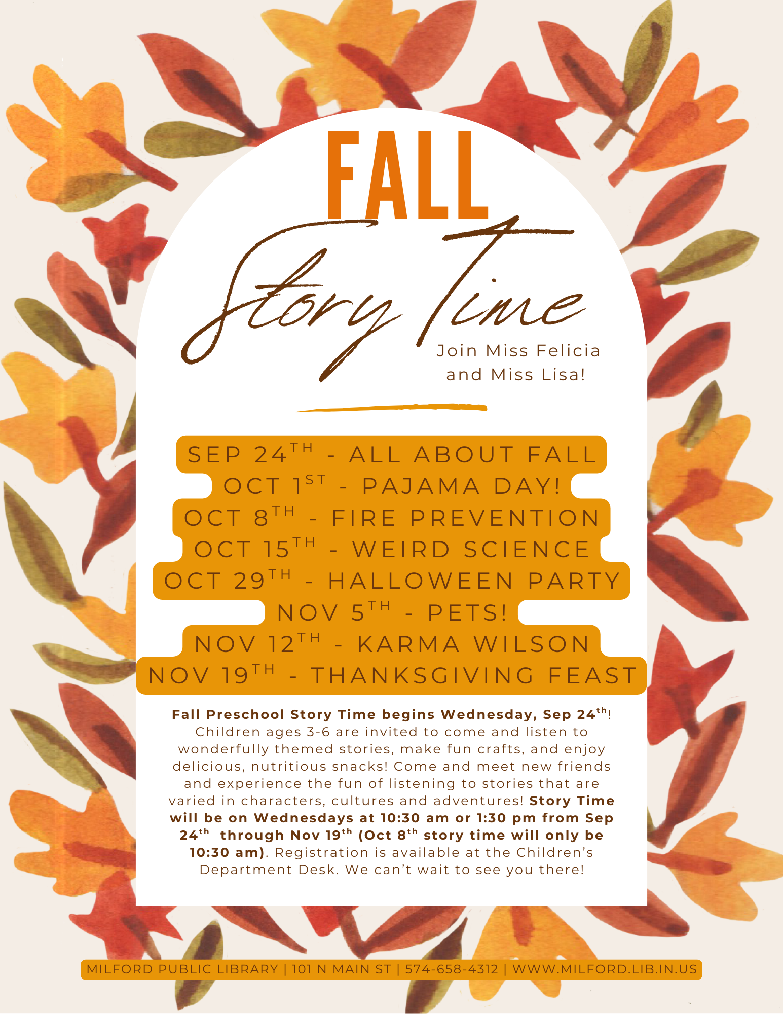 Fall Story Time events at Milford Public Library, featuring themed activities from Sep 24 to Nov 19 for children ages 3-6.