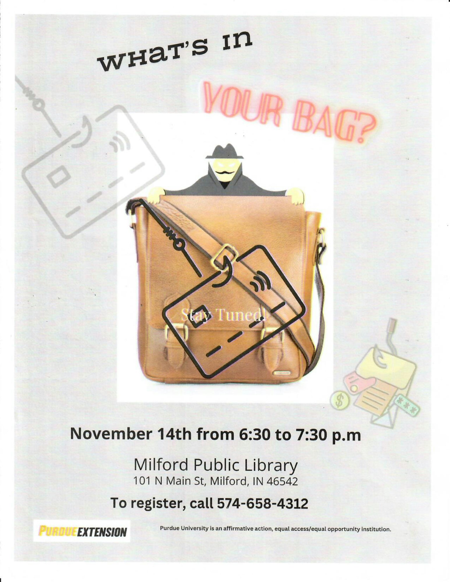 Poster with a purse, "What's in your bag?" text, event details for the Milford Public Library, and Purdue Extension logo.