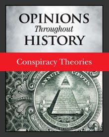 Book cover: "Opinions Throughout History: Conspiracy Theories" with an eye in a pyramid illustration.