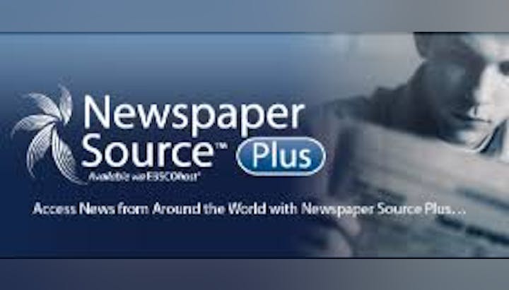 A promotional image for "Newspaper Source Plus," a news resource database, featuring a logo and text on a blue background.