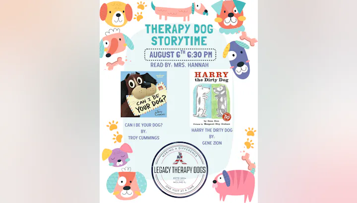 A "Therapy Dog Storytime" event on August 6 at 6:30 PM, featuring readings of "Can I Be Your Dog?" and "Harry the Dirty Dog."
