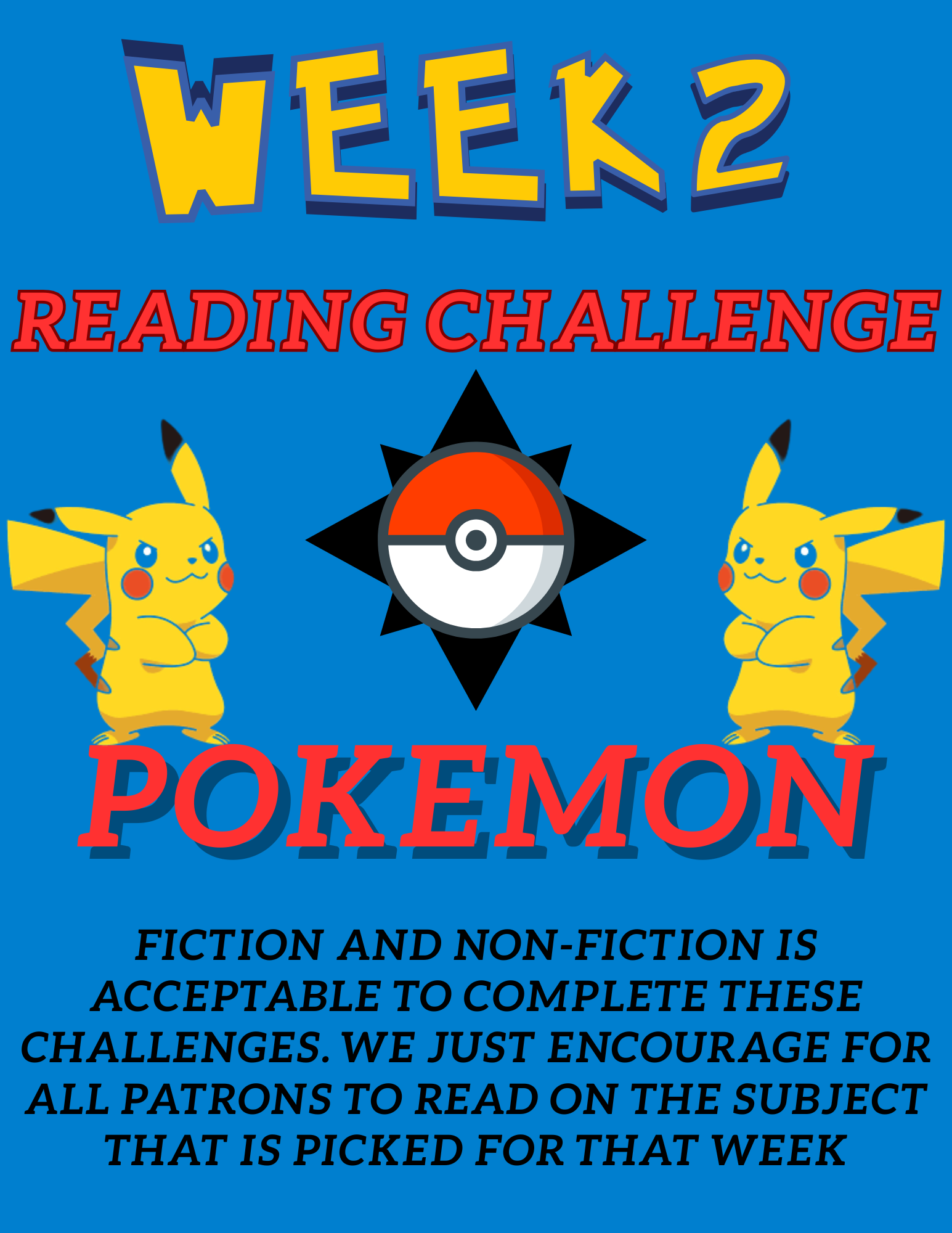 Week 2 Reading Challenge: Pokémon theme with Pikachu images. Encourages reading fiction or non-fiction on the subject.