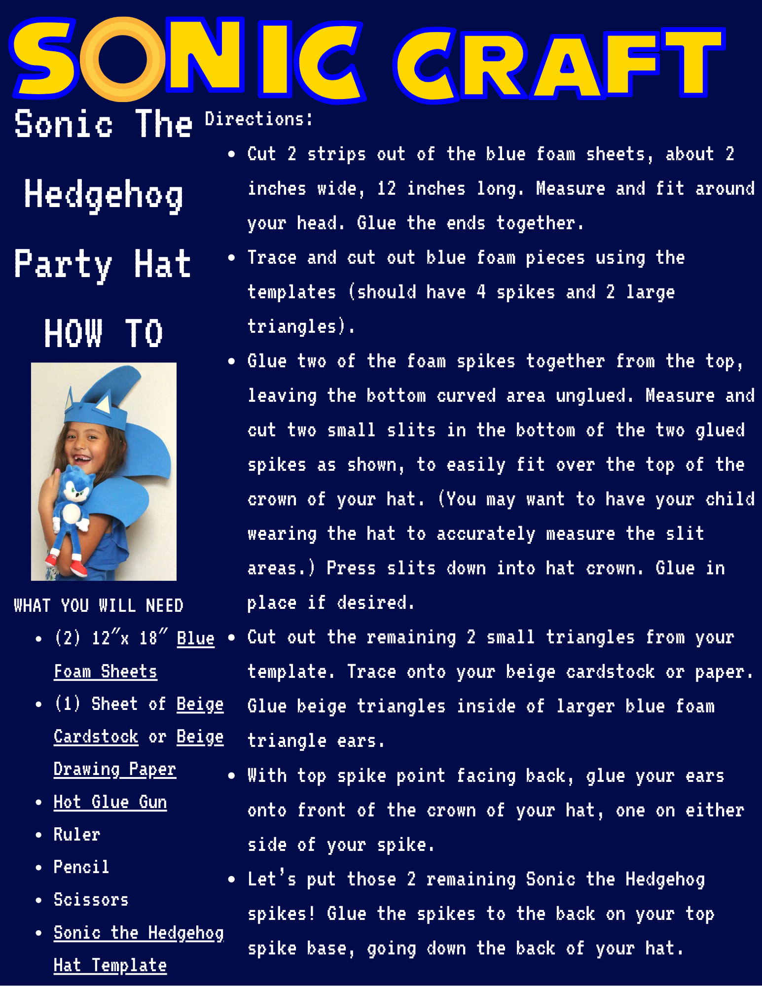 Instructions for making a Sonic the Hedgehog party hat using blue foam sheets and other materials.