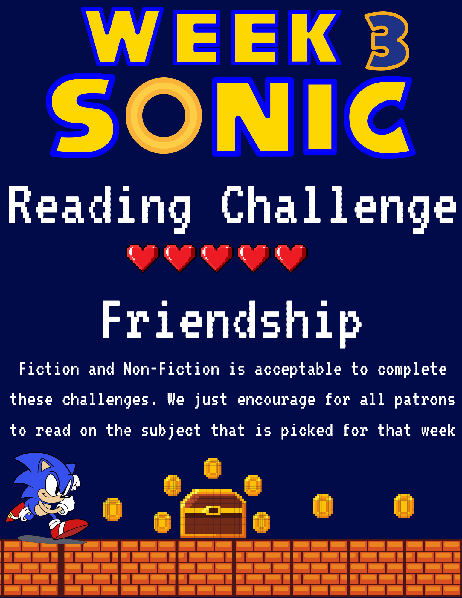 Week 3 Sonic Reading Challenge on friendship, with a pixel art theme and Sonic character.