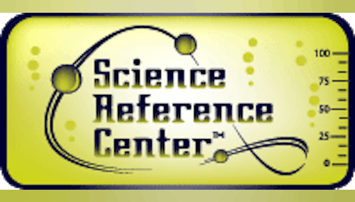 A stylized library card for "Science Reference Center" with scientific imagery.