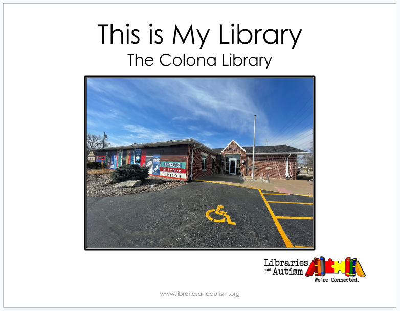 A poster of Colona Library with a disability parking space, promoting autism awareness with a web link below.