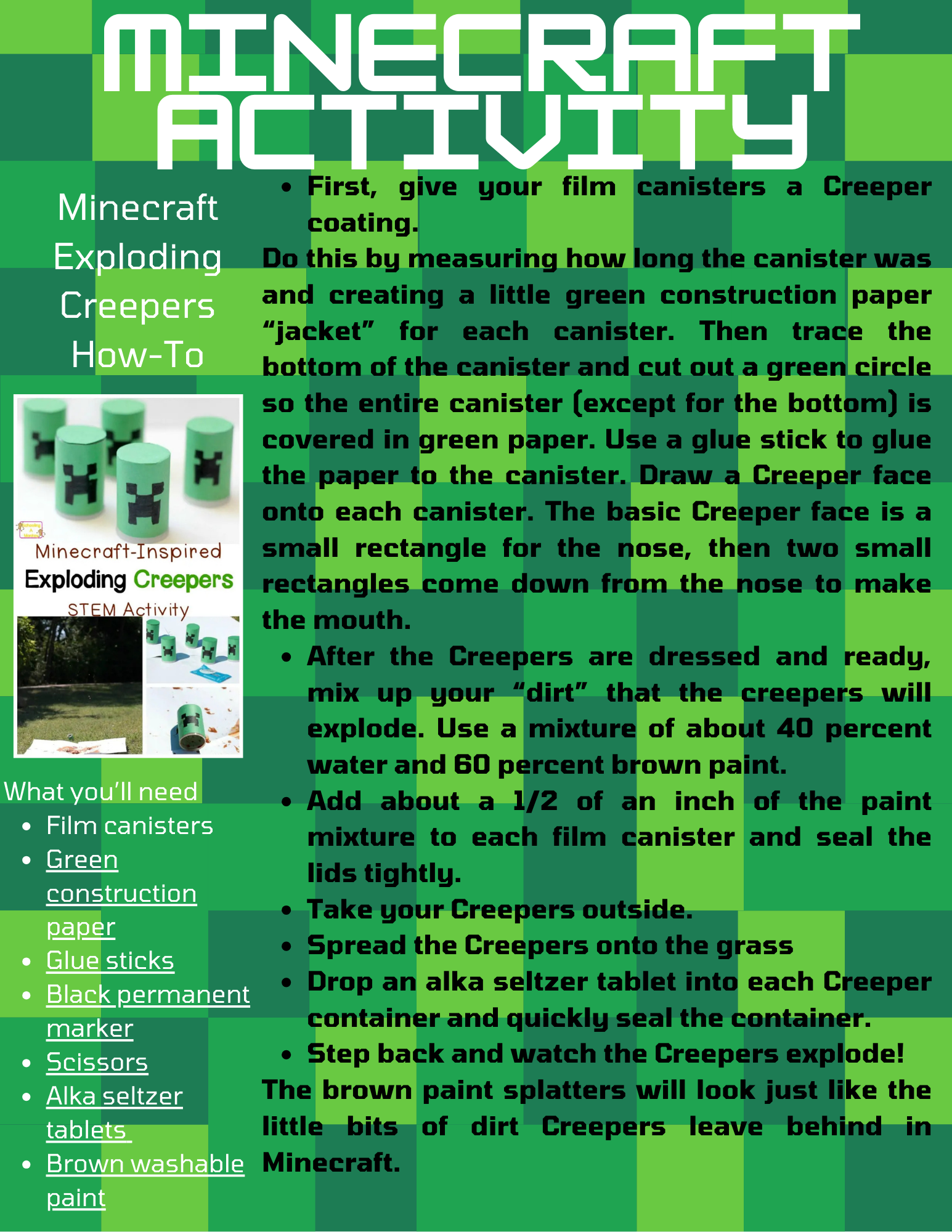 Tutorial for a Minecraft-themed STEM activity, involving exploding Creepers made from film canisters and green paper.