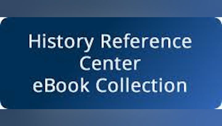 A sign for "History Reference Center eBook Collection" on a blue background.