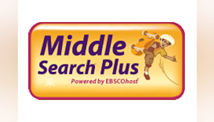 A logo for "Middle Search Plus" featuring a cartoon character climbing, powered by EBSCOhost.