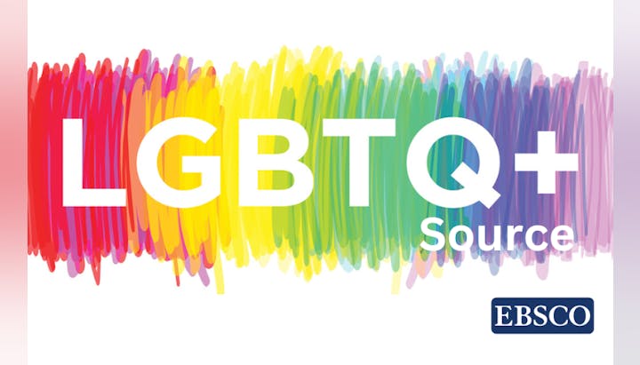 A colorful logo with "LGBTQ+" over a rainbow brushstroke background and "EBSCO Source" below.