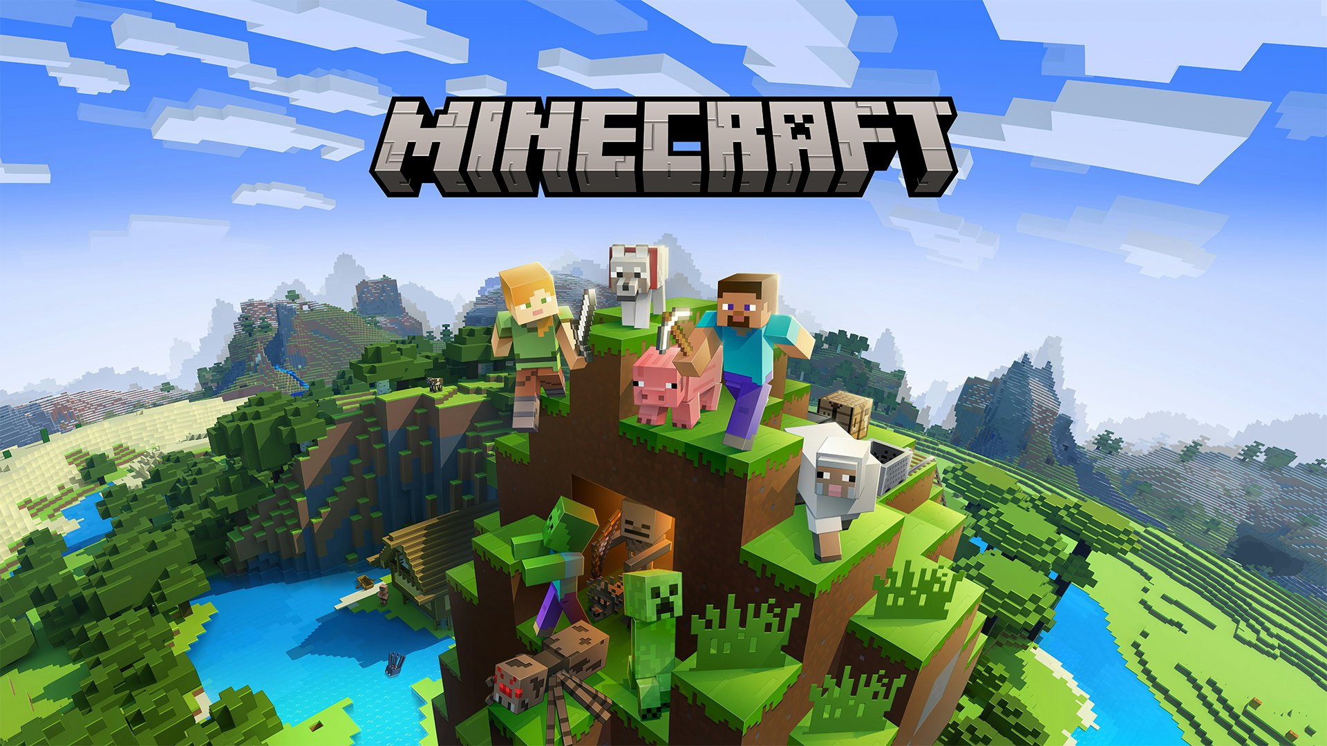 Blocky landscape with Minecraft characters and creatures on a hill, featuring the game's logo.