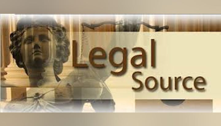 A collage with a statue, gavel, and scales, overlaid by the text "Legal Source."