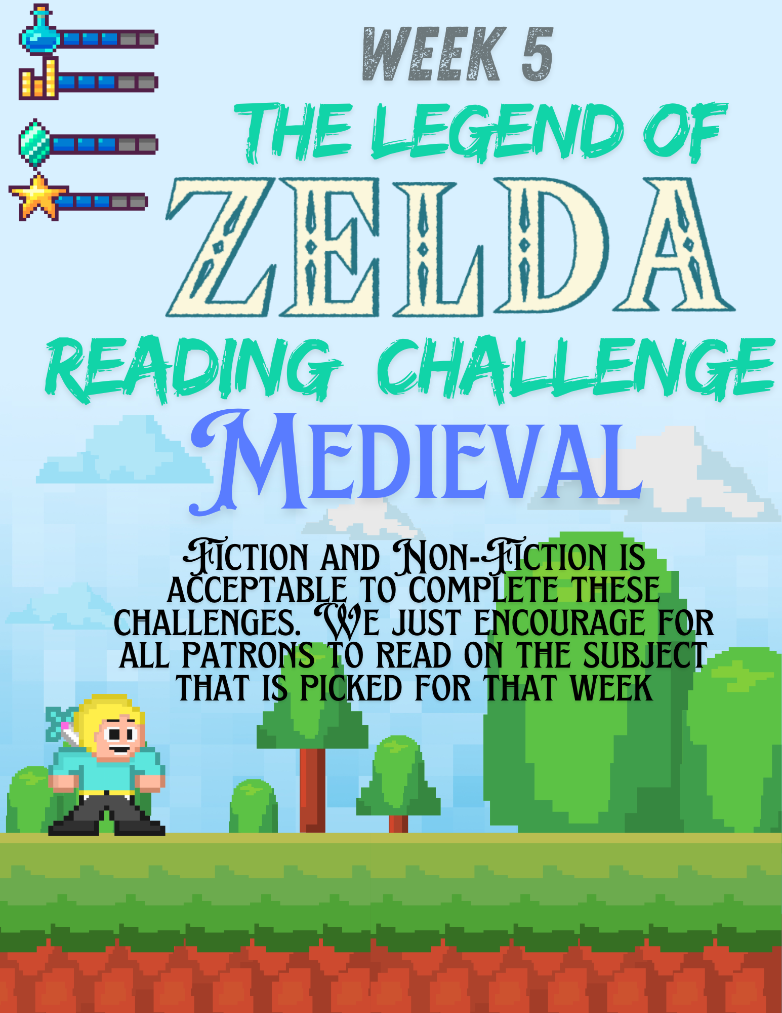 The image promotes a "Legend of Zelda" reading challenge with a medieval theme, allowing fiction and non-fiction books.