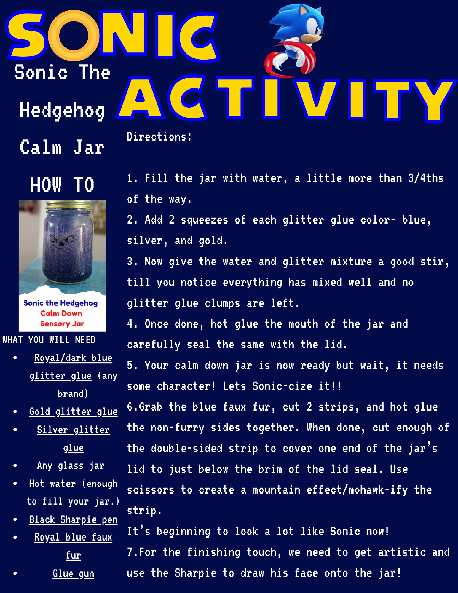 Instructions for making a Sonic-themed calm jar with glitter glue, faux fur, and a Sharpie.
