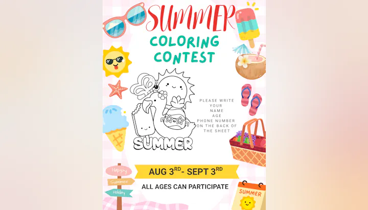 A colorful summer coloring contest runs from Aug 3 to Sept 3. Open to all ages; include name, age, and phone on the back.