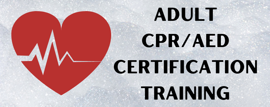 An ad for Adult CPR/AED Certification Training with a heart and pulse graphic.