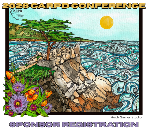 The image promotes the 2026 CARPD Conference with a scenic coastal illustration and highlights "Sponsor Registration."