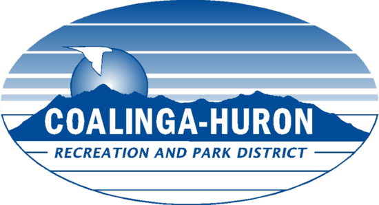 The image features the logo for the Coalinga-Huron Recreation and Park District, showcasing a mountain and a sun.