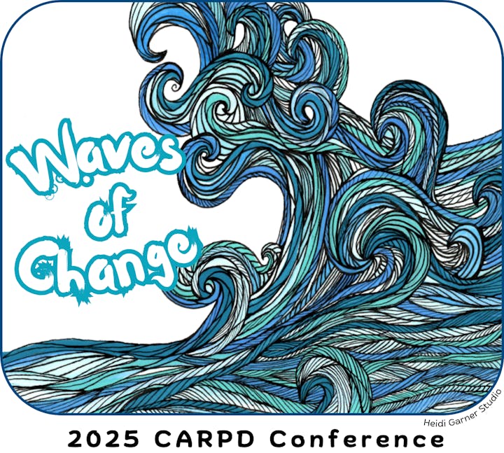 Stylized blue waves with text "Waves of Change" and "2025 CARPD Conference".