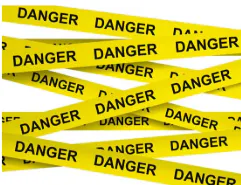 The image shows yellow caution tape with the word "DANGER" printed repeatedly, indicating a hazardous area.