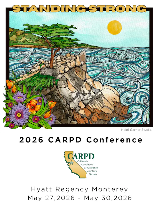 The image promotes the 2026 CARPD Conference, themed "Standing Strong," at Hyatt Regency Monterey from May 27-30, 2026.