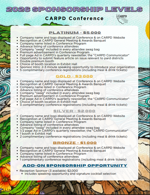 The image outlines sponsorship levels for the 2026 CARPD Conference, detailing benefits for Platinum, Gold, Silver, and Bronze sponsors.