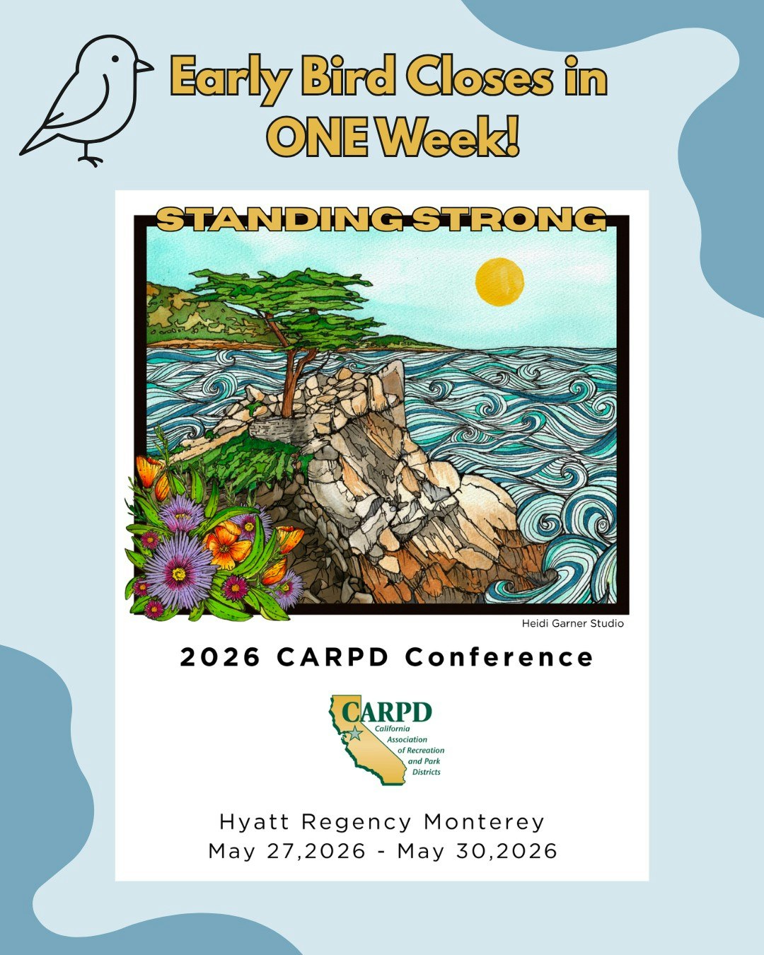 Image promotes the 2026 CARPD Conference at Hyatt Regency Monterey from May 27-30, highlighting early bird registration.