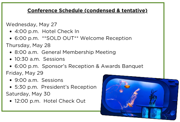 Conference schedule from May 27-30 includes check-ins, meetings, sessions, receptions, and hotel check-out.