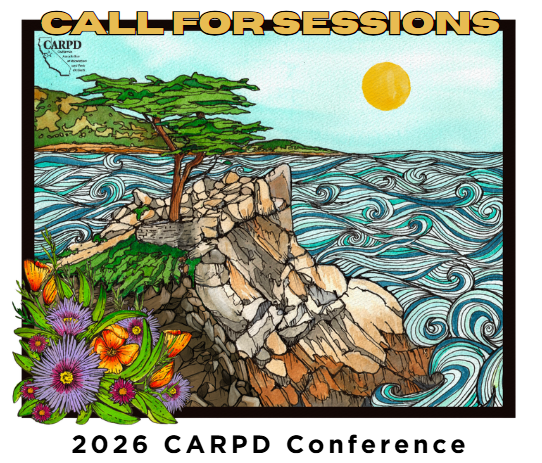 The image promotes the 2026 CARPD Conference with colorful artwork featuring a coastal scene and flowers.