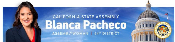 A banner with a smiling person, text for California State Assembly, and the Capitol dome graphic.