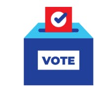 Ballot box with "VOTE" written on it, featuring a red card with a checkmark.