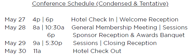 Conference schedule from May 27 to May 30 includes check-ins, meetings, sessions, receptions, and check-out.