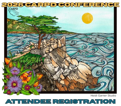 The image promotes the 2026 CARPD Conference with an artistic seaside landscape and details for attendee registration.