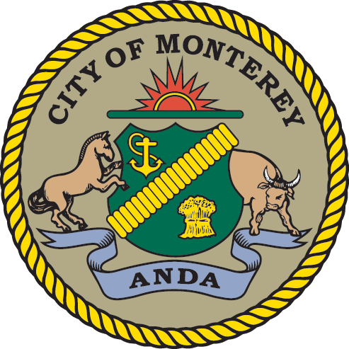 Seal of the City of Monterey with a horse, bull, sun, an anchor, wheat, and ribbon with "ANDA".