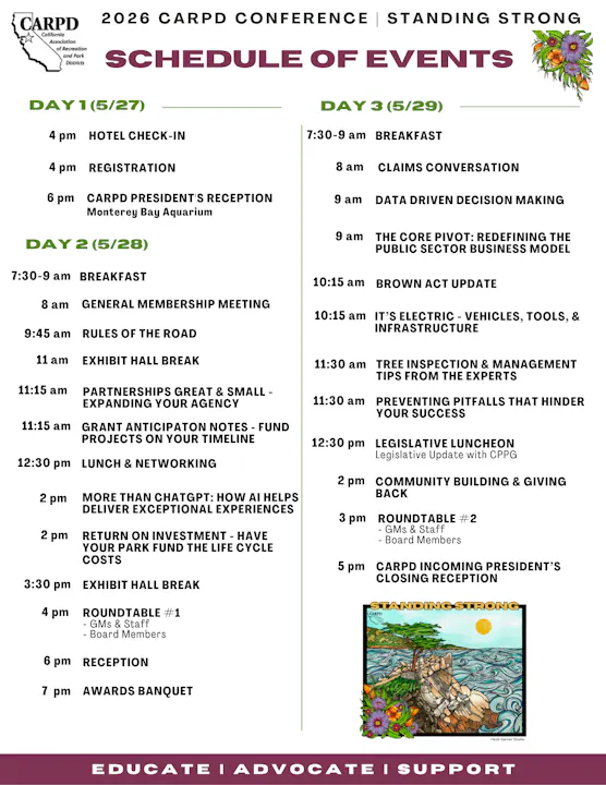 The image is the schedule for the 2026 CARPD Conference, detailing events from May 27-29, including sessions, meals, and receptions.