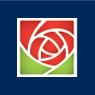 The image features a stylized logo of a rose, combining shades of red and green, set against a blue background.