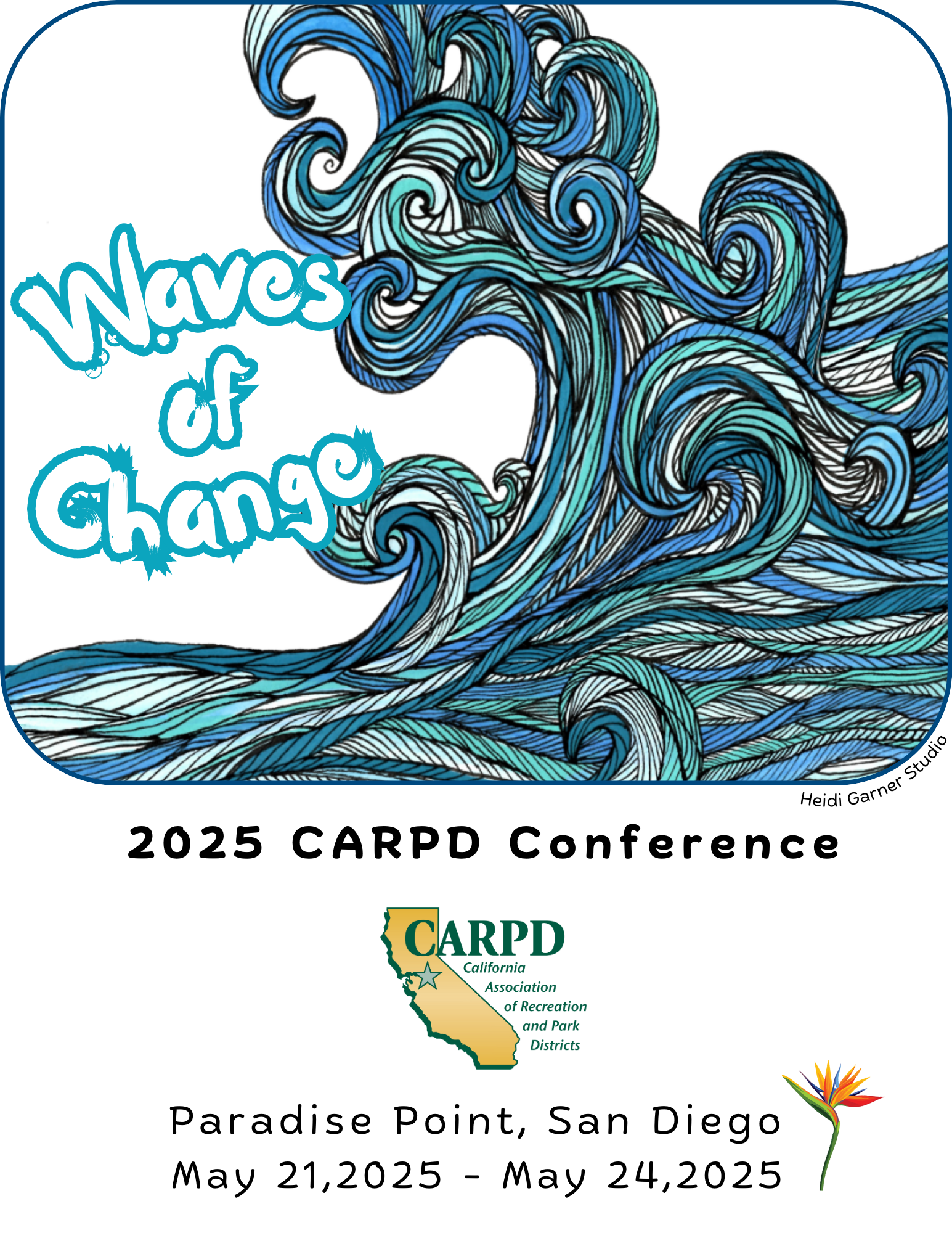 Stylized blue waves with "Waves of Change" text, promoting a 2025 CARPD Conference in San Diego.