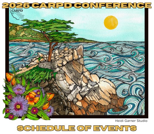 The image features a colorful illustration of a coastline with waves, trees, and a sun, promoting the 2026 CARPD Conference schedule of events.