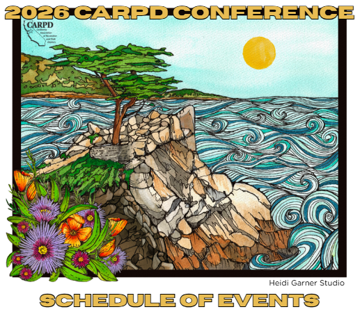 The image features a colorful illustration of a coastline with waves, trees, and a sun, promoting the 2026 CARPD Conference schedule of events.