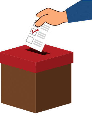 A hand depositing a marked ballot into a ballot box.