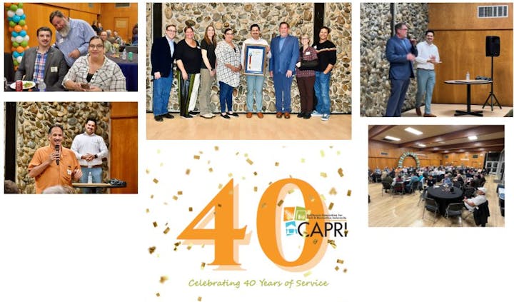 A celebration event for CAPRI's 40 years of service, featuring speeches, awards, and attendees enjoying the gathering.