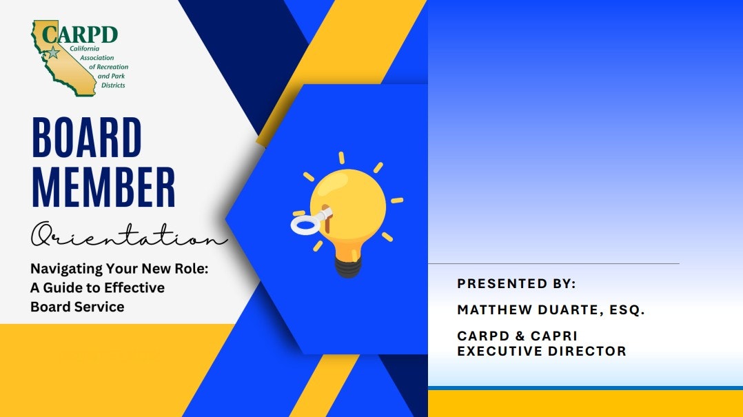 Board Member Orientation guide cover by CARPD, presented by Matthew Duarte, Esq. Featuring a lightbulb graphic.