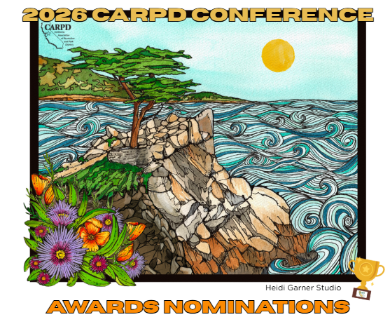The image promotes the 2026 CARPD Conference and invites nominations for awards, featuring a coastal illustration.