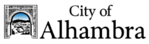 The image features a logo for "City of Alhambra," showcasing a graphic element, likely related to the city.