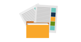 An orange folder with two documents, one with text and one with colored charts or sections.