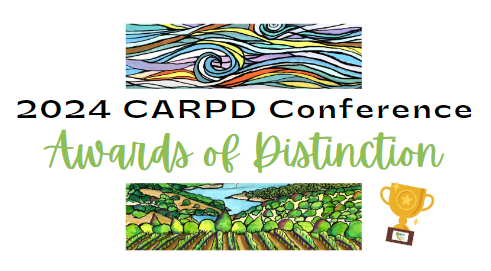 Artistic banners, text "2024 CARPD Conference Awards of Distinction," and a trophy icon.